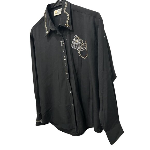 Vintage Christine Alexander Small Black Button-Up Shirt Watch Chain Embroidered - Picture 3 of 10